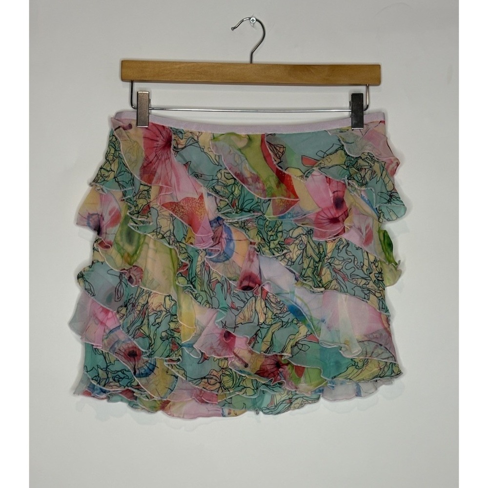 Diane Von Furstenberg Womens 8 Medium Floral Watercolor Ruffle Mini Skirt Pink